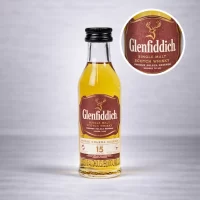 Mini Botella de Whisky Glenfiddich 15 años 50mL – Miniatura Original – Mini Botellita de Glenfiddich – 78 Grados Deluxe