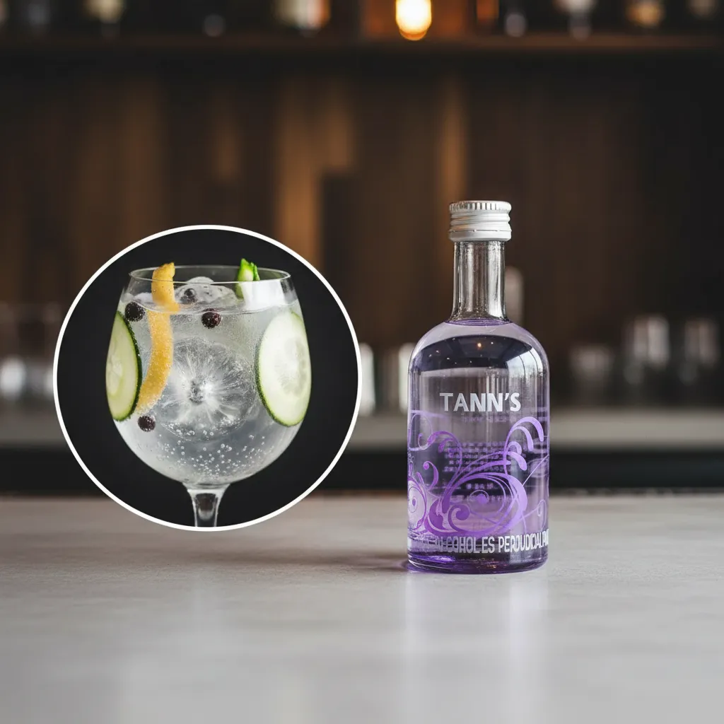Mini Botella de Ginebra Tann’s de 50mL - Ginebra Premium española, tipo London Dry, obtenida por triple destilación. Versión miniatura 100% original y estampillado Mini Botella de Ginebra Tann’s de 50mL - Ginebra Premium española, tipo London Dry, obtenida por triple destilación. Versión miniatura 100% original y estampillado