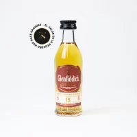 Mini Botella de Whisky Glenfiddich 15 años 50mL – Miniatura Original – Mini Botellita de Glenfiddich – 78 Grados Deluxe