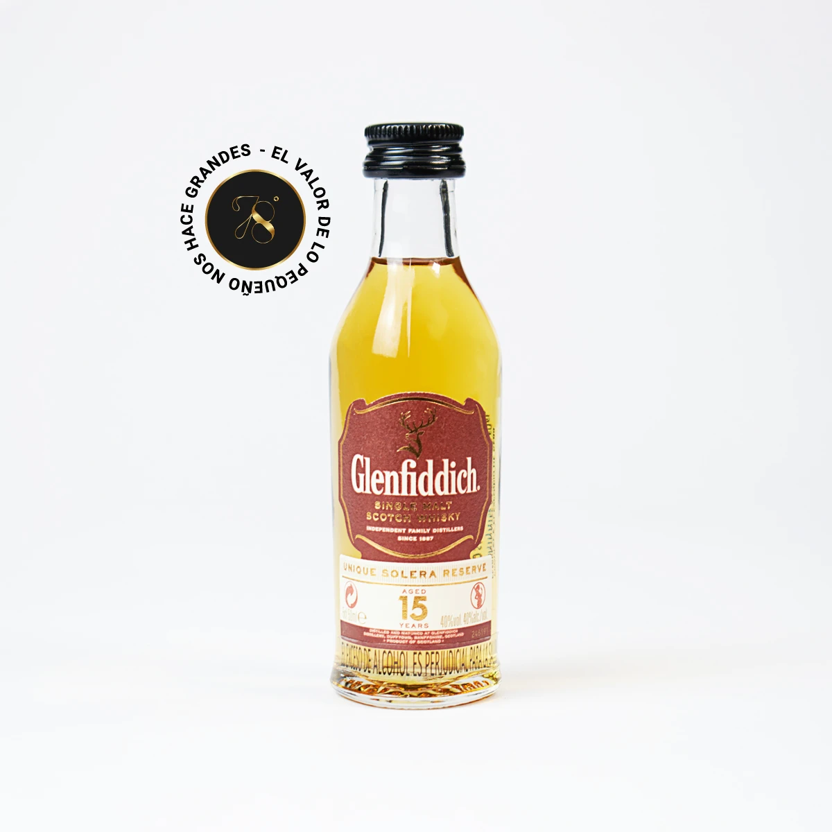 MB12 - Mini Botella - Botellita de licor de Whisky Glenfiddich 15 años más caja de regalo premium e invitación o fotografía personalizada. Ideal para eventos, recuerdos, bodas o regalos corporativos.