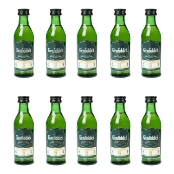 Mini botellas de licor Whisky Glenfiddich 12 años (50ml) al por mayor. Botellitas en miniatura al por mayor pack de 10 unidades en Colombia, Bogota, Medellín, Cali, Barranquilla, Bucaramanga, Villavicencio, Santander, Cartagena, Tunja, Boyaca.