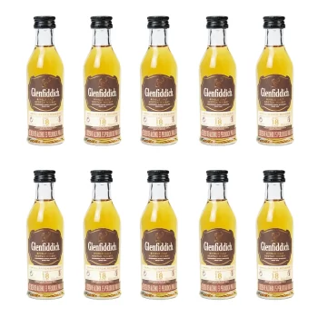 Mini botellas de licor Whisky Glenfiddich 18 años (50ml) al por mayor. Botellitas en miniatura al por mayor pack de 10 unidades en Colombia, Bogota, Medellín, Cali, Barranquilla, Bucaramanga, Villavicencio, Santander, Cartagena, Tunja, Boyaca.