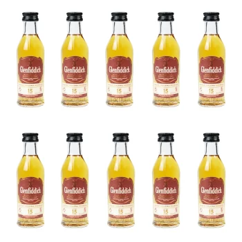 Mini botellas de licor Whisky Glenfiddich 15 años (50ml) al por mayor. Botellitas en miniatura al por mayor pack de 10 unidades en Colombia, Bogota, Medellín, Cali, Barranquilla, Bucaramanga, Villavicencio, Santander, Cartagena, Tunja, Boyaca.