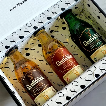 78 Grados Deluxe - Caja con 3 mini botellas de Glenfiddich 12 años, 15 años y 18 años - Regalos con mini botellas de licores - Regalos corporativos.