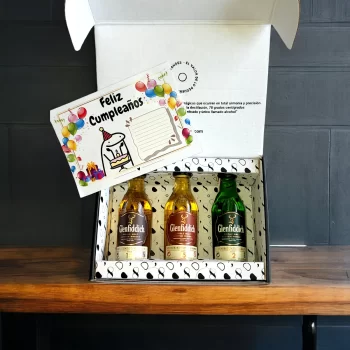 78 Grados Deluxe - Caja con 3 mini botellas de Glenfiddich 12 años, 15 años y 18 años - Regalos con mini botellas de licores - Regalos corporativos.