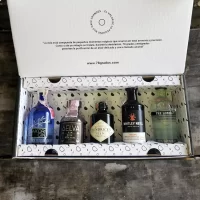 Caja con mini botellas de Ginebras Surtidas. 5 botellitas de Ginebra: Whitley Neill, Akori Gin, Selva Gin, Hendricks, London n1. Incluye tarjeta personalizada impresa. Ideal para eventos, bodas, cumpleaños o regalos corporativos.