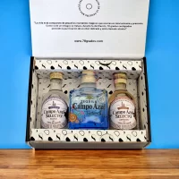 78 Grados Deluxe – Pack con mini botellas de tequila Campo Azul Selecto x3 unidades – Incluye:  Tequila Campo Azul Selecto Añejo, Blanco de Agave y Reposado más (1) tarjeta personalizada impresa. Ideal para eventos, bodas, cumpleaños o regalos corporativos.