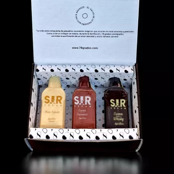 78 Grados Deluxe - Pack con mini botellitas de aperitivos - Incluyen: 3 minis de crema de whisky, crema de piña colada y crema de caramelo Sir Cream. Incluye tarjeta impresa personalizada - Ideales para regalos como el día de la madre, día de la mujer, cumpleaños y eventos.