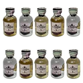 Mini botellas de Tequila El Padrino Reposado - Tequila El Padrino Añejo - Tequila El Padrino Blanco al por mayor - Pack de 6 y 10 unidades.  50 (mL / cu). NO INCLUYE CAJA NI EMPAQUE. Tequila El Padrino en versión Mini Botella de 50 (mL). La mini botellita de Tequila El Padrino es una expresión premium elaborada al 100% con agave azul tequilana Weber, cultivado en las regiones de los Altos y Valles de Jalisco, México. Este tequila se distingue por su complejidad y carácter, resultado de un meticuloso proceso de añejamiento.