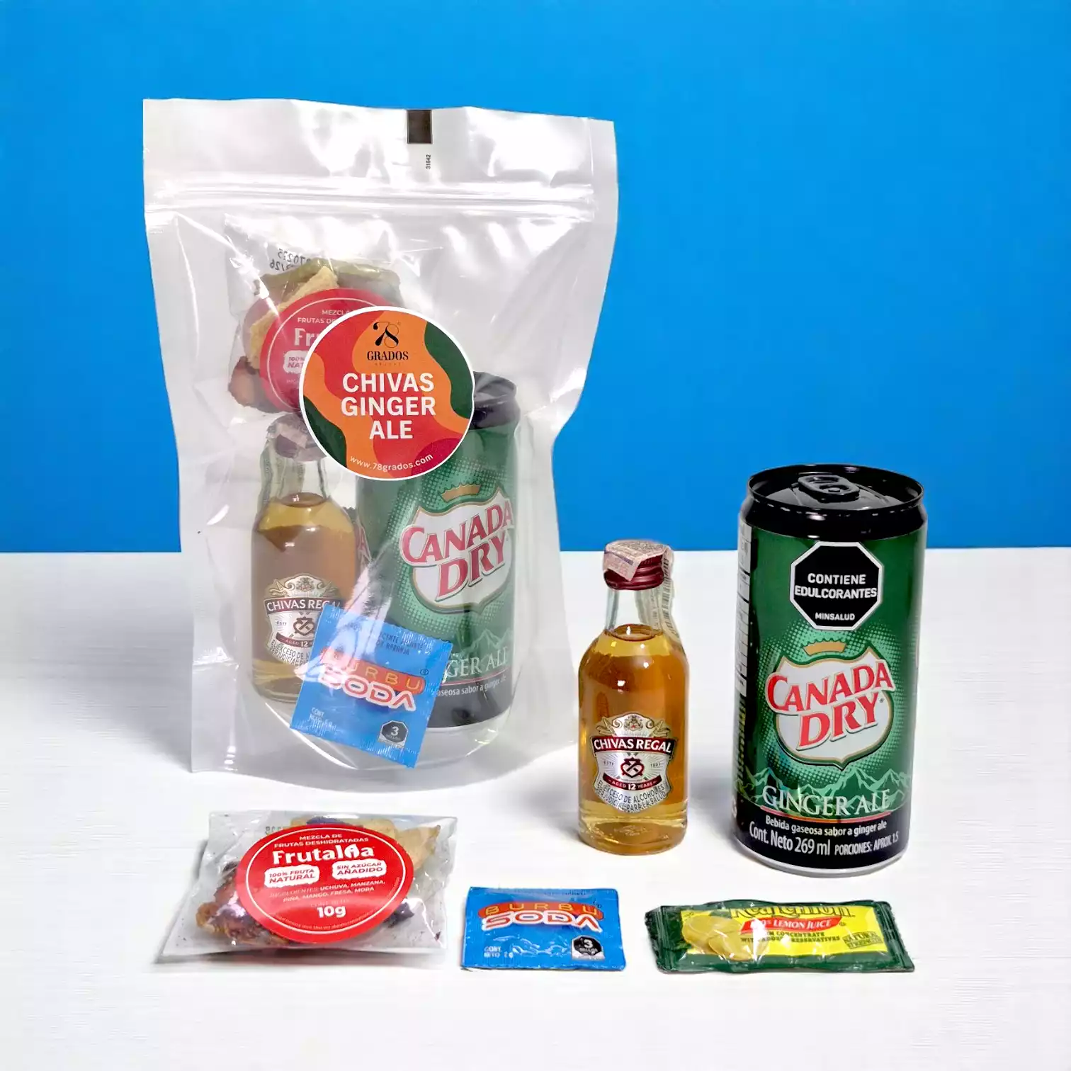 coctel con whisky y ginger ale, chivas ginger ale kit, cocteles elegantes con whisky, whisky con limón y soda de naranja, cocteles para regalar con whisky premium - 78 Grados Deluxe