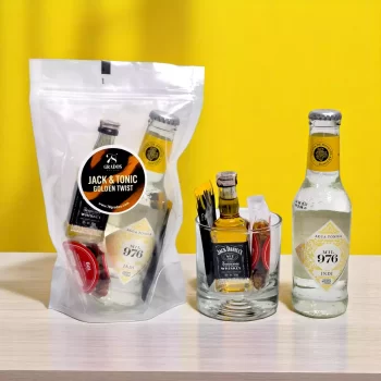 Jack & Tonic Golden Twist - Kit de Coctel con Jack Daniels (50 ml), Cocteles con Whisky, Agua tonica y miel, Whisky en Coctel, Kits de coctelería en casa,