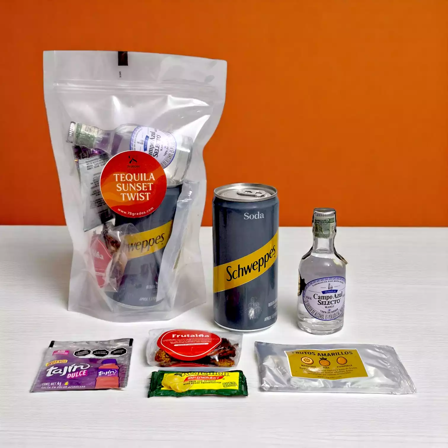 Tequila Sunset Twist - Kit de Coctel con Tequila Campo Azul (50 ml), Cocteles con Tequila y frutos amarillos, Tequila en Coctel, Kits de coctelería en casa,