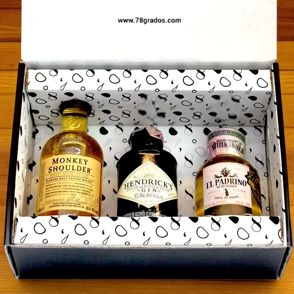 Caja de regalo premium con Monkey Shoulder, Hendrick’s y Tequila El Padrino. Un mix de whisky, ginebra y tequila para sorprender con elegancia. ¡Incluye tarjeta! - 78 Grados Deluxe