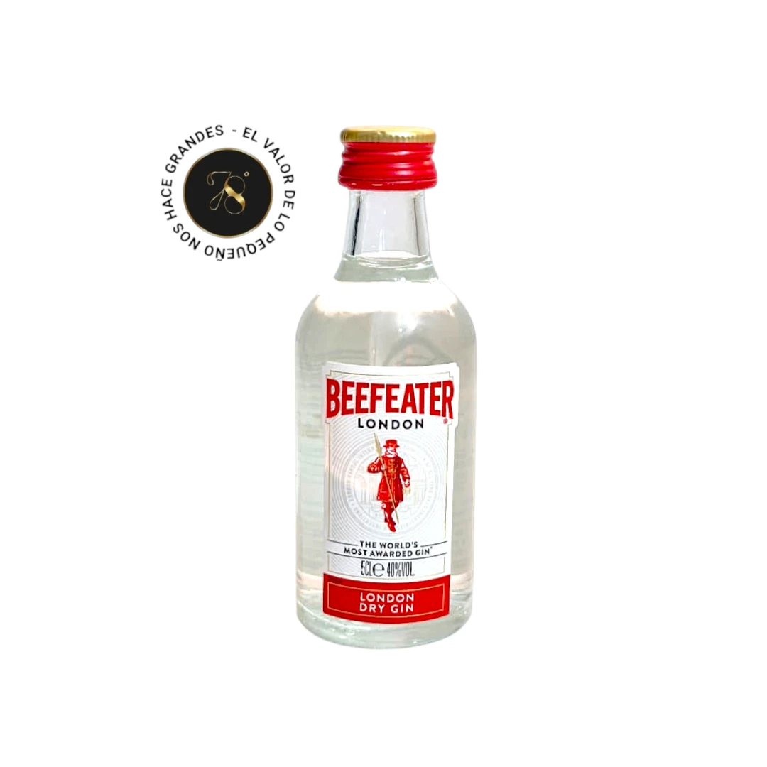 Mini Botella Ginebra Beefeater 50mL - Botellita de licor en miniatura más caja premium y tarjeta impresa - Licor original - 78 Grados Deluxe - Mini Botellas Colombia