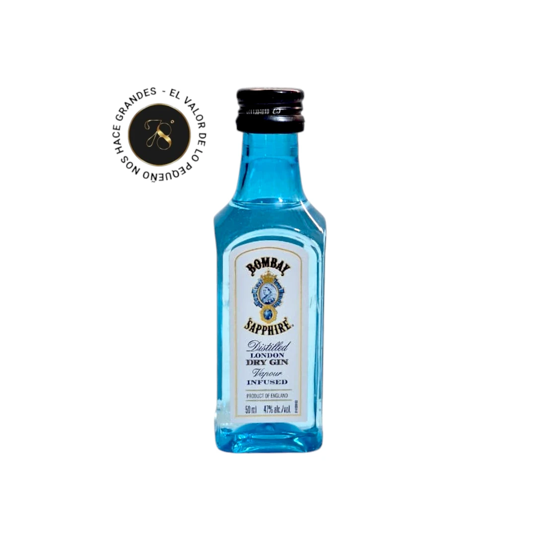 Mini Botella Ginebra Bombay Sapphire 50mL - Botellita de licor en miniatura más caja premium y tarjeta impresa - Licor original - 78 Grados Deluxe - Mini Botellas Colombia
