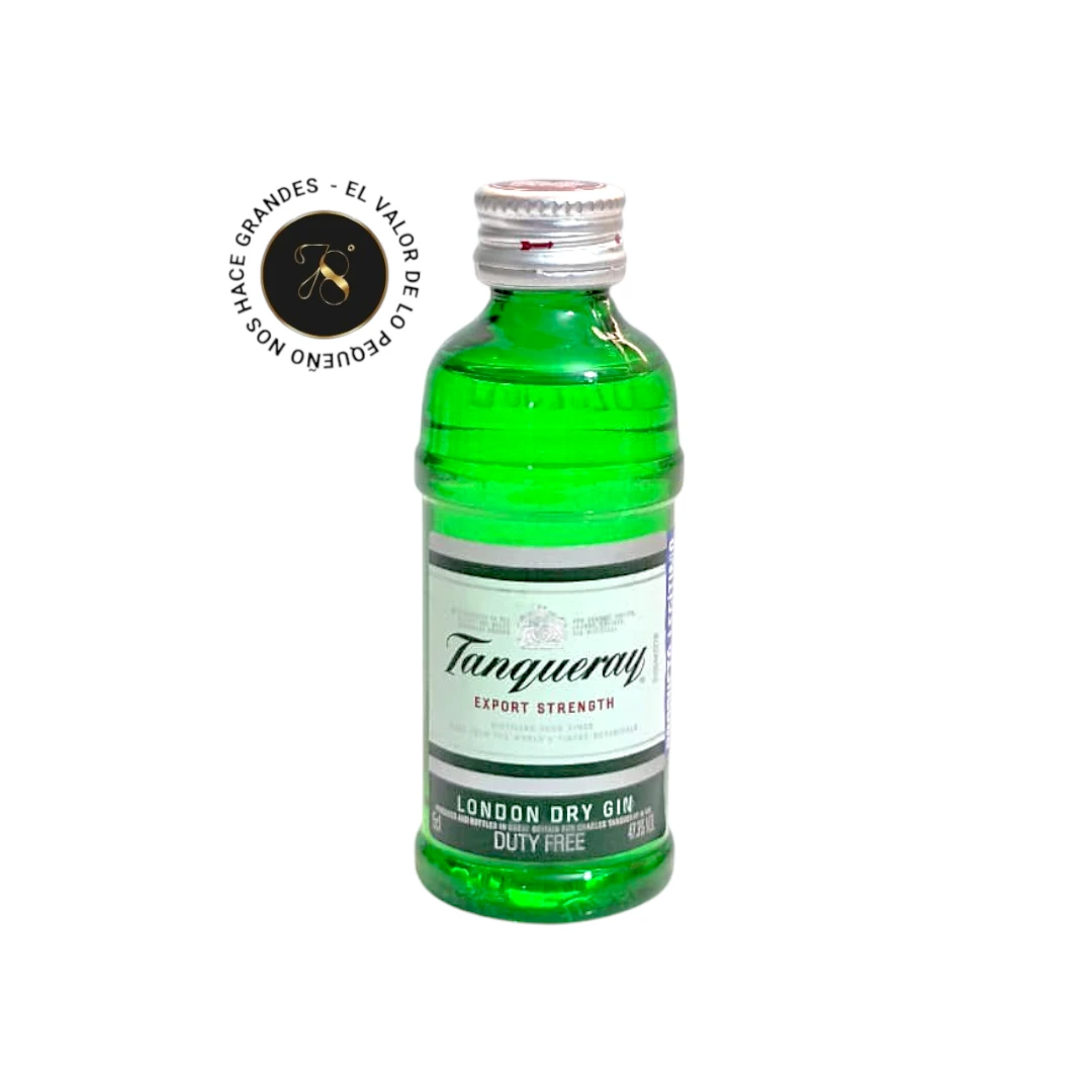 Mini Botella Ginebra Tanqueray 50mL - Botellita de licor en miniatura más caja premium y tarjeta impresa - Licor original - 78 Grados Deluxe - Mini Botellas Colombia