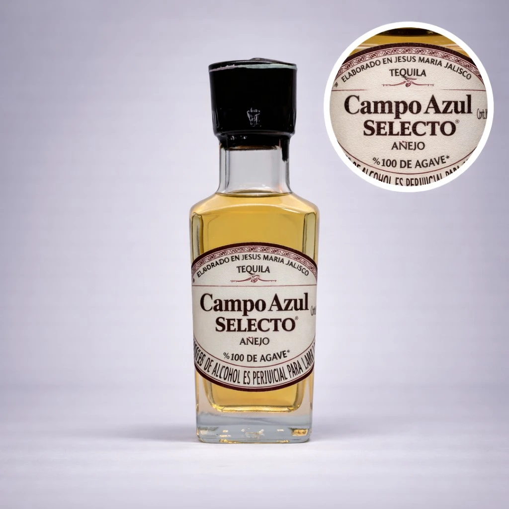 Mini Botella de Tequila Campo Azul Selecto Añejo 50mL - Miniatura Original - Mini Botellita de tequila - 78 Grados Deluxe