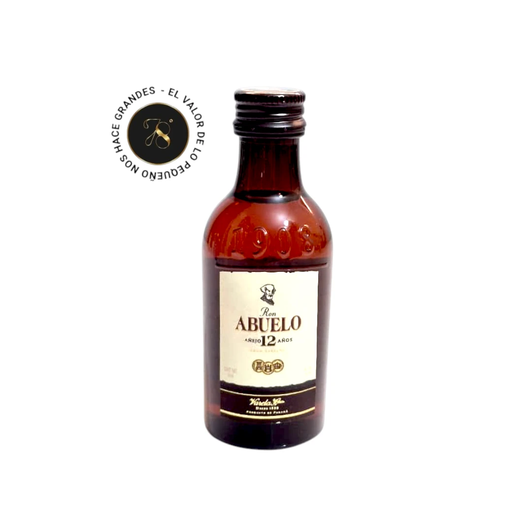 Mini Botella Ron Abuelo 12 años Gran Reserva 50mL - Botellita de licor en miniatura más caja premium y tarjeta impresa - Licor original - 78 Grados Deluxe - Mini Botellas Colombia