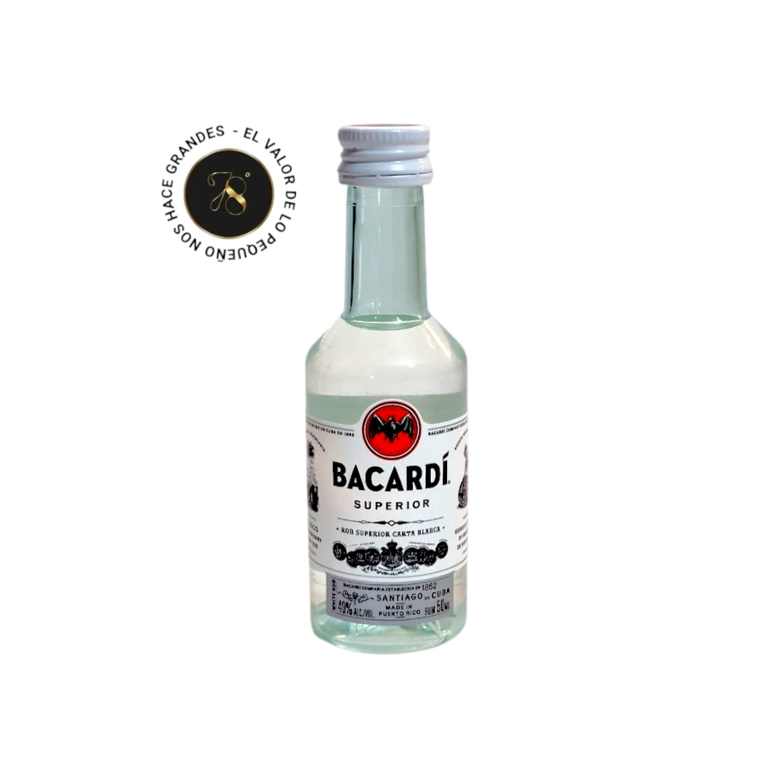 Mini Botella Ron Bacardi 50mL - Botellita de licor en miniatura más caja premium y tarjeta impresa - Licor original - 78 Grados Deluxe - Mini Botellas Colombia