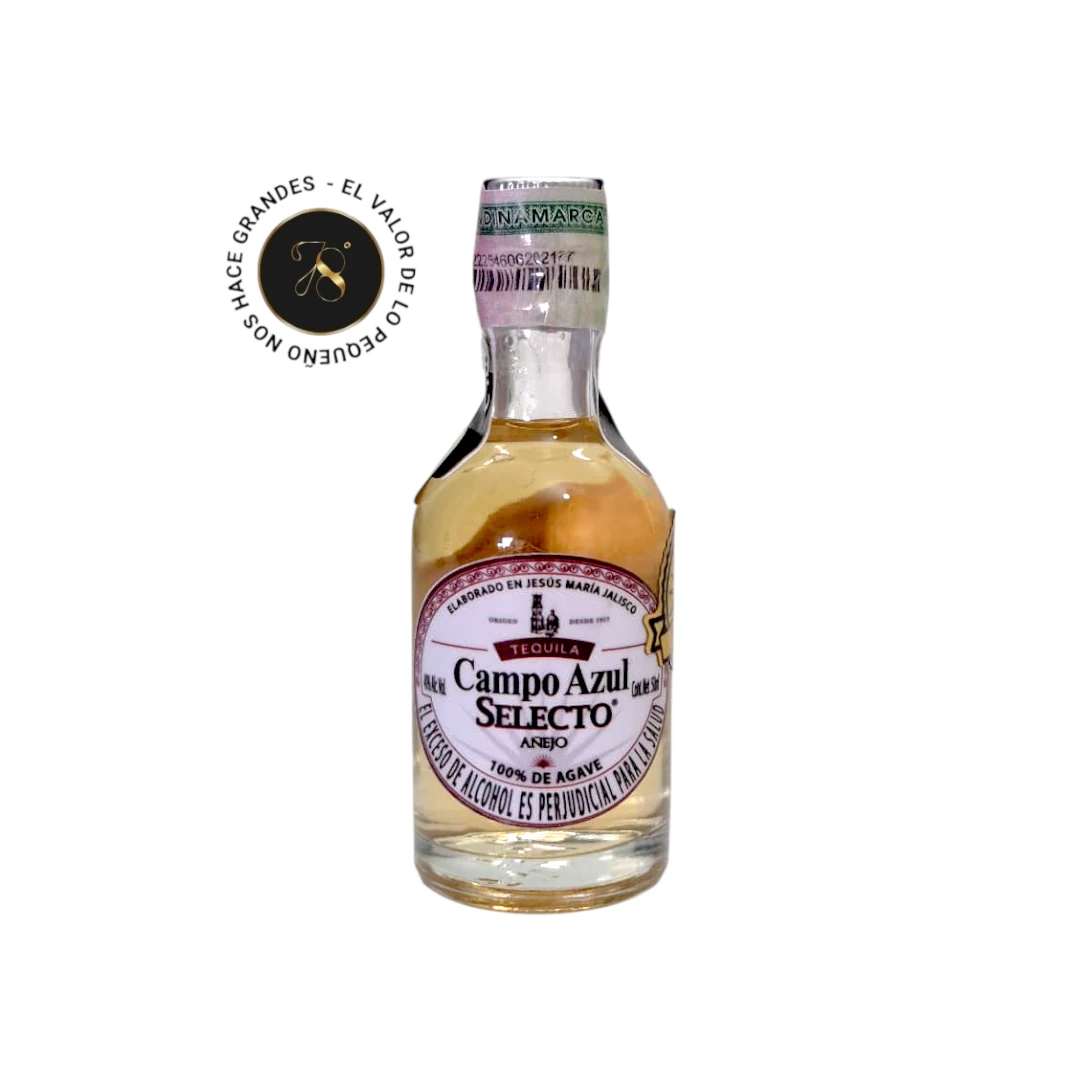 Mini Botella Tequila Campo Azul Selecto Añejo 50mL - Botellita de licor en miniatura más caja premium y tarjeta impresa - Licor original - 78 Grados Deluxe - Mini Botellas Colombia