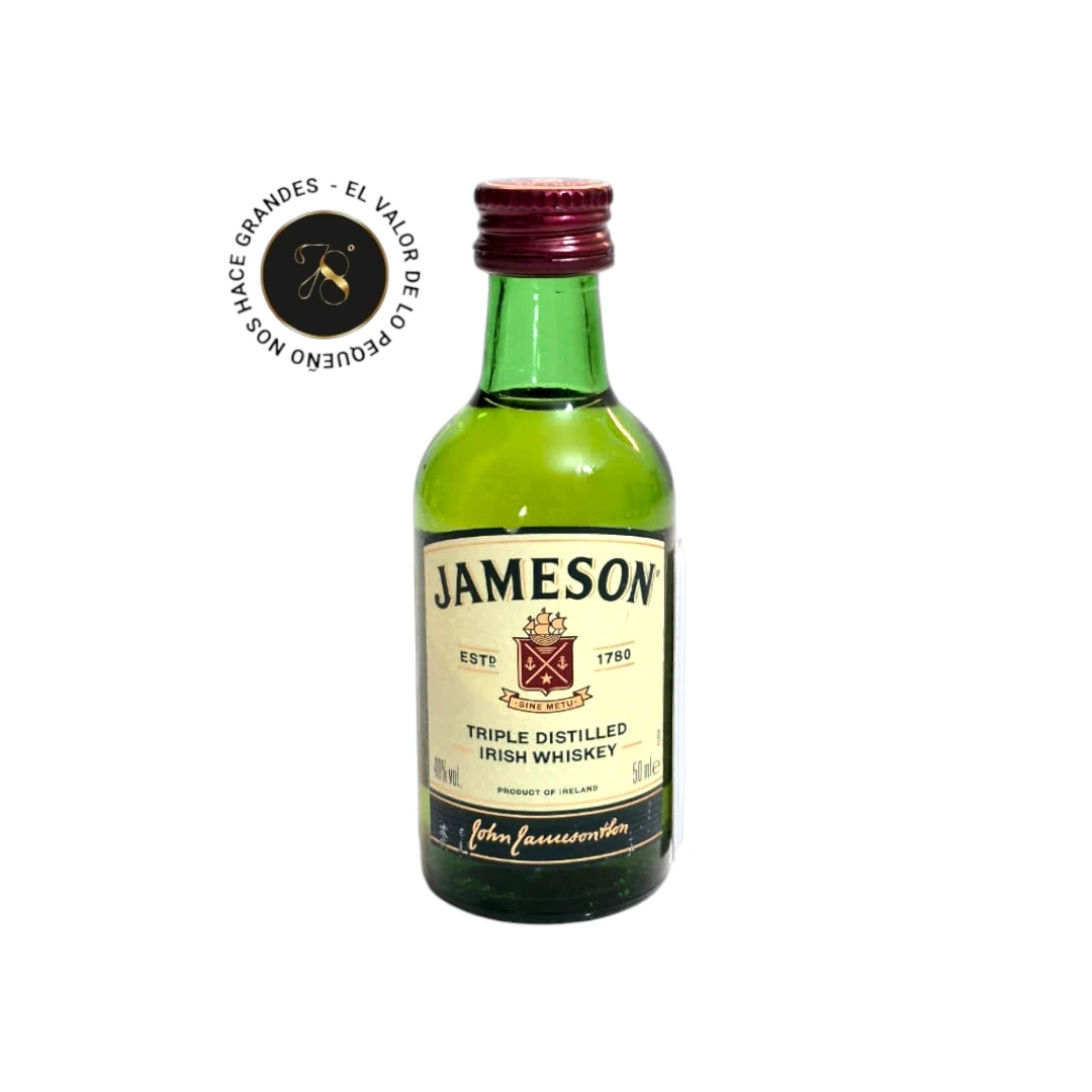 Mini Botella Whisky Jameson 50mL - Botellita de licor en miniatura más caja premium y tarjeta impresa - Licor original - 78 Grados Deluxe - Mini Botellas Colombia