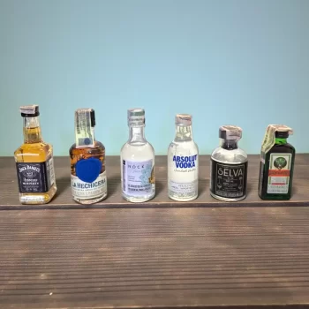 Combo con mini botellas de licor: Jack Daniels (50mL), Ron La Hechicera (50mL), Tequila Nock (50mL), Gin Selva (50mL), Jagermeister (50mL) - 78 Grados Deluxe