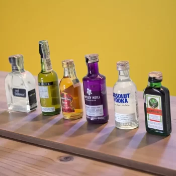 Combo con mini botellas de licor: Aguardiente Mil Demonios, Jerez Tío Pepe, Chivas Regal 12 o 13 años, Absolut Vodka, Jagermeister - 78 Grados Deluxe