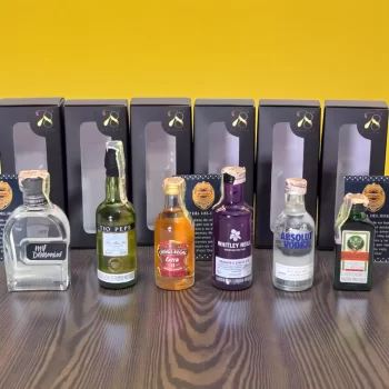 Combo con mini botellas de licor: Aguardiente Mil Demonios, Jerez Tío Pepe, Chivas Regal 12 o 13 años, Absolut Vodka, Jagermeister - 78 Grados Deluxe