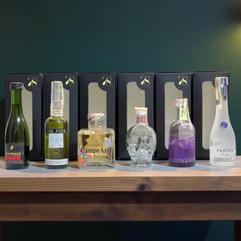Combo con mini botellas de 50mL colección. Cocgnac Remy Martin, Jerez Tío Pepe, Tequila Campo Azul, Crystal Head Vodka, Akori Gin, Pravda Vodka