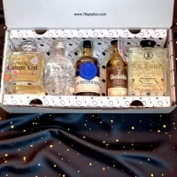 Kit tope de gama con mini botellas premium: Tequila Campo Azul, Vodka Crystal Head, Ron La Hechicera, Glenfiddich 18 años y Tequila La Santa con Oro 24K. Regalo de lujo absoluto. – 78 Grados Deluxe