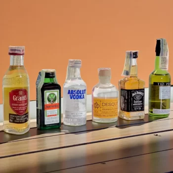 Combo con mini botellas de licores surtidos. Whisky Jack Daniels (50mL), Whisky Grants (50mL), Absolut Vodka (50mL), Aguardiente Desquite (50mL), Jerez Tío Pepe (50mL), Jagermeister (30mL)