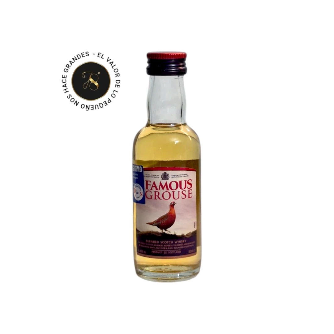 Mini Botella de Whisky The Famous Grouse 50mL - Botellita de licor en miniatura más caja premium y tarjeta impresa - Licor original. Miniatura de whisky