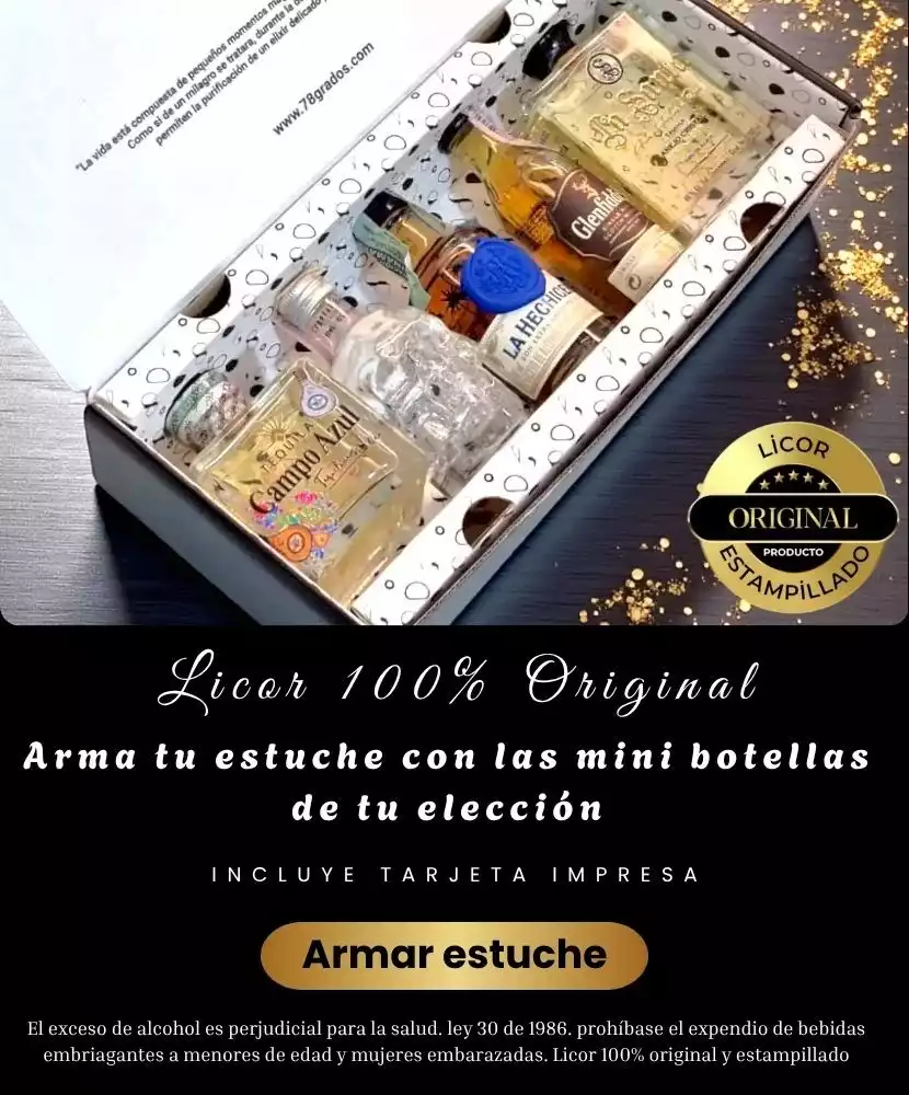 Arma tu estuche de regalo con mini botellas - Licor 100% original estampillado con factura electrónica. Mini botellas premium + caja personalizada con el nombre del destinatario + tarjeta impresa con tu mensaje sin costo adicional.