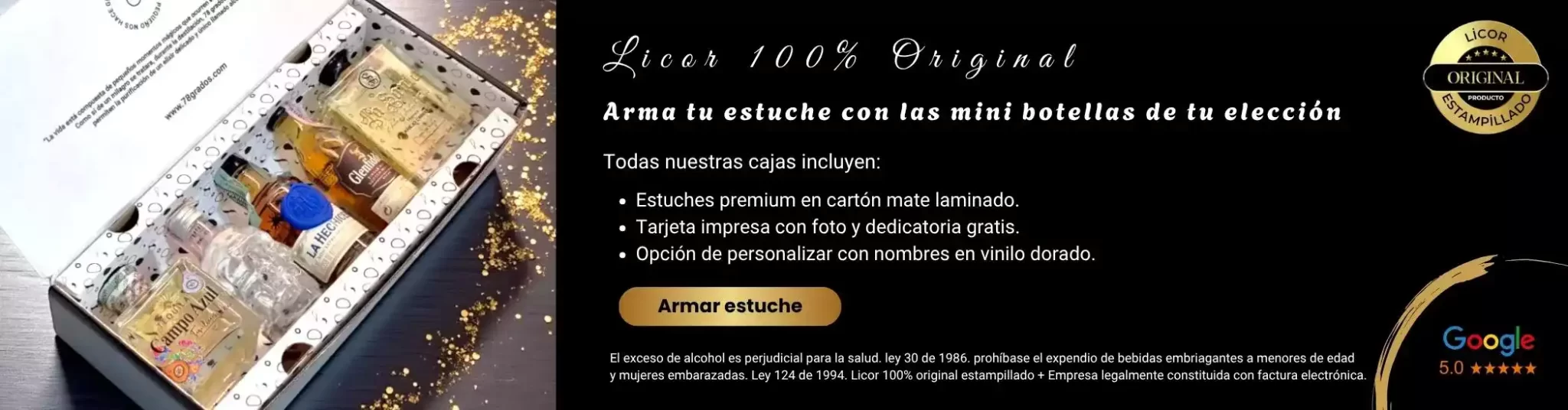 Arma tu estuche de regalo con mini botellas - Licor 100% original estampillado con factura electrónica. Mini botellas premium + caja personalizada con el nombre del destinatario + tarjeta impresa con tu mensaje sin costo adicional.